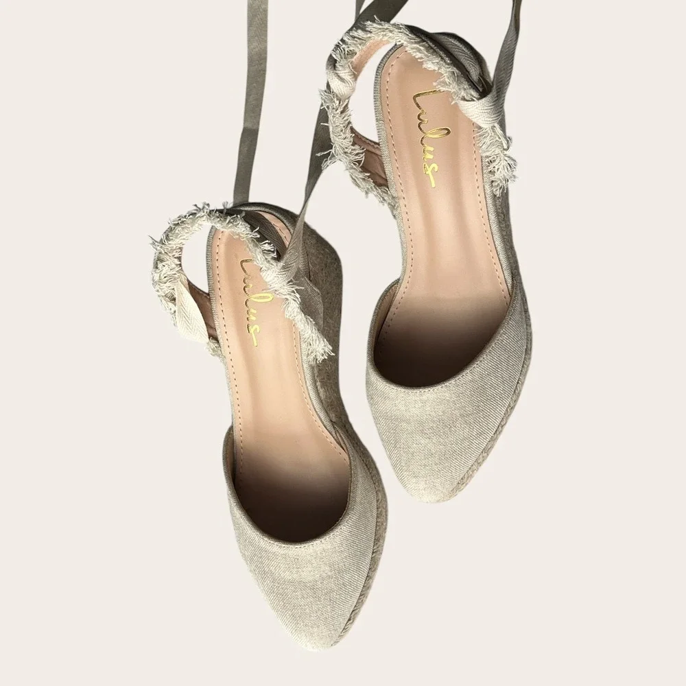Lulus Elsinore Linen Lace-Up Espadrille Wedges Beige Closed‎ Toe 7.5 NWOT